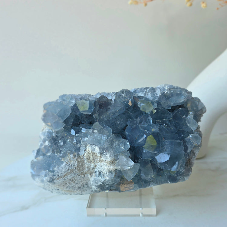 Celestite Crystal Cluster High Quality Madagascar on Stand