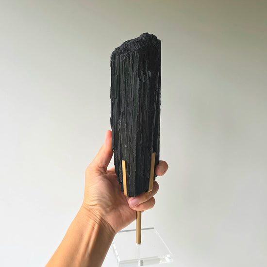 Black Tourmaline Crystal Rough Chunk AAA High Quality in Stand - Crystals and Me | Crystal Candles and Ethically Sourced Crystals