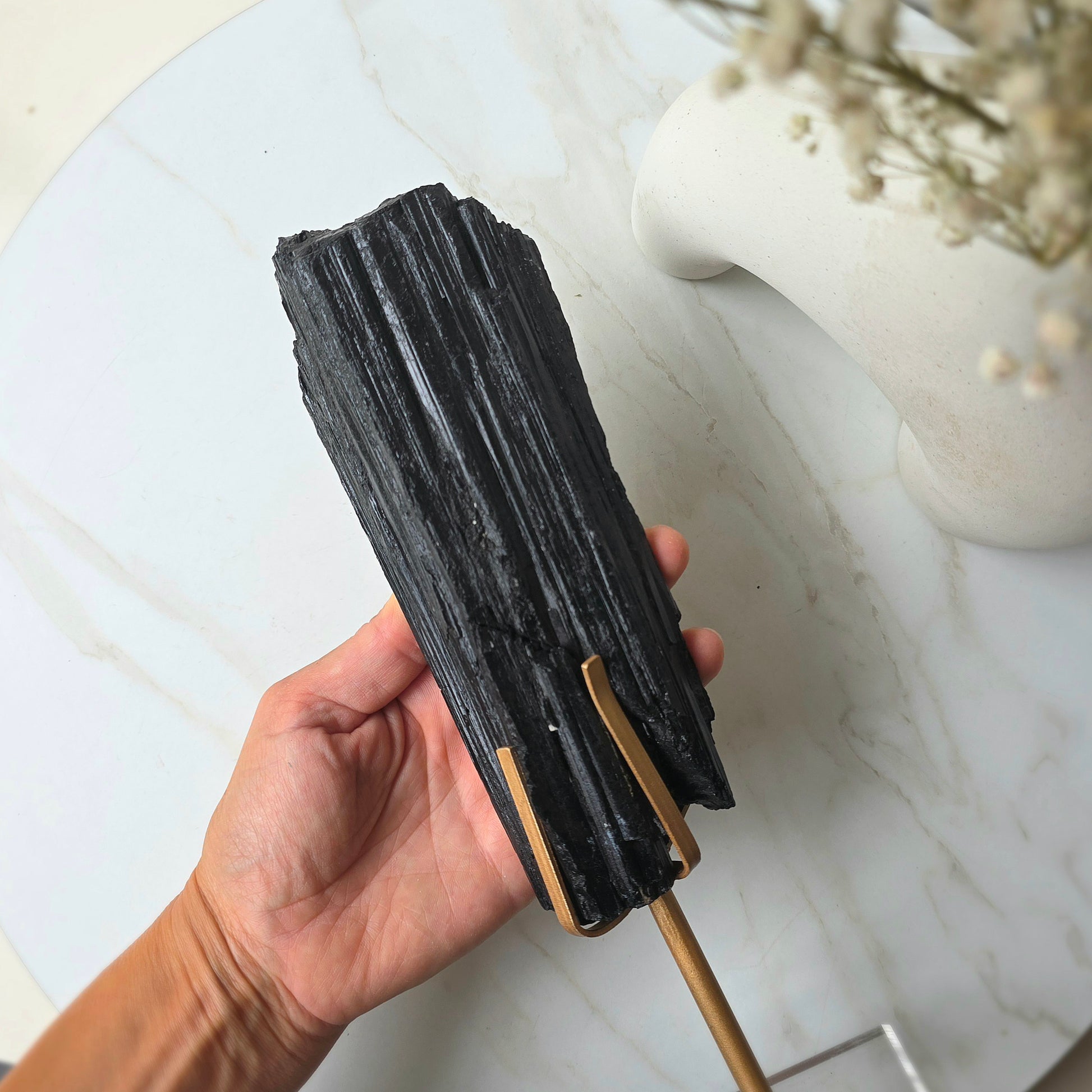 Black Tourmaline Crystal Rough Chunk AAA High Quality in Stand - Crystals and Me | Crystal Candles and Ethically Sourced Crystals