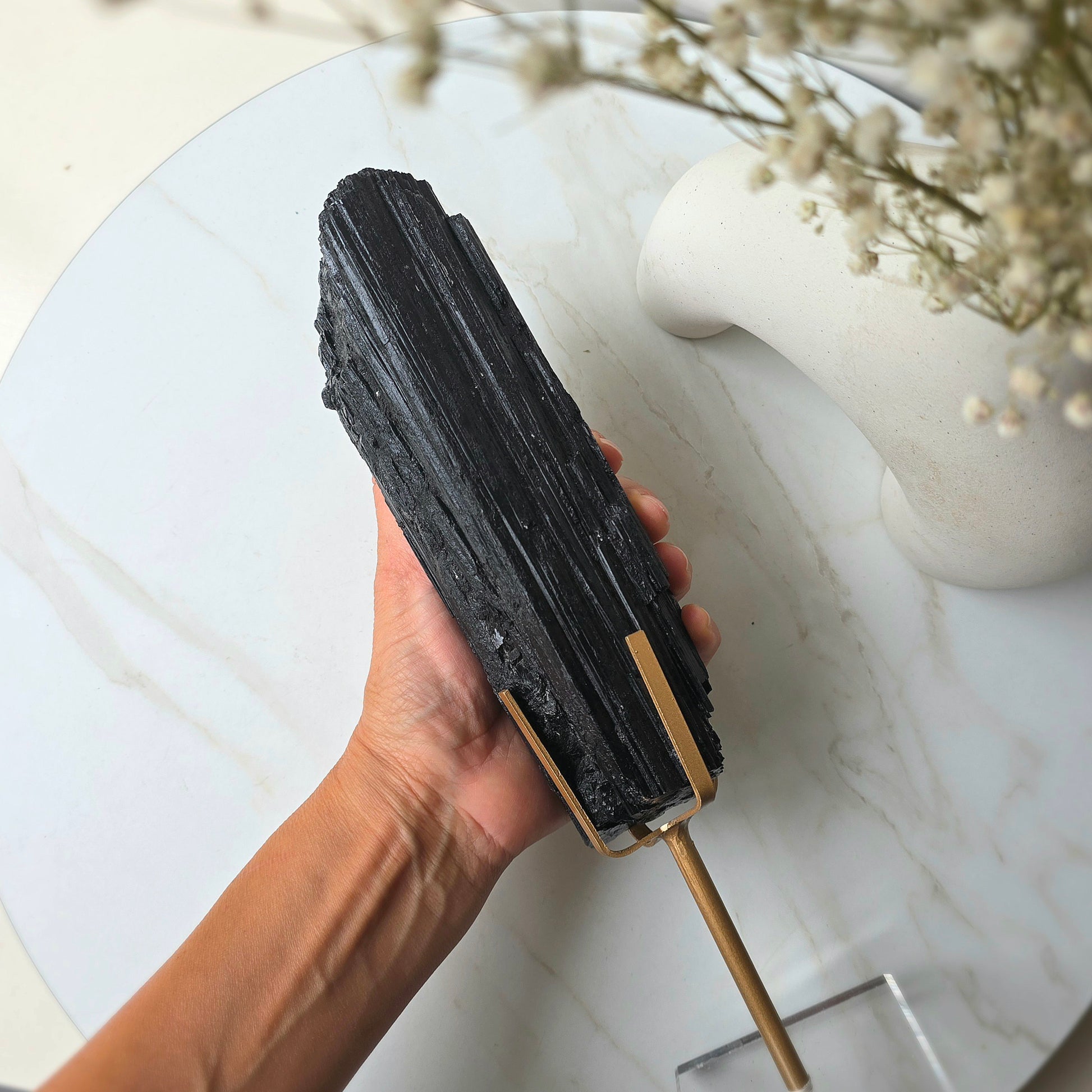 Black Tourmaline Crystal Rough Chunk AAA High Quality in Stand - Crystals and Me | Crystal Candles and Ethically Sourced Crystals