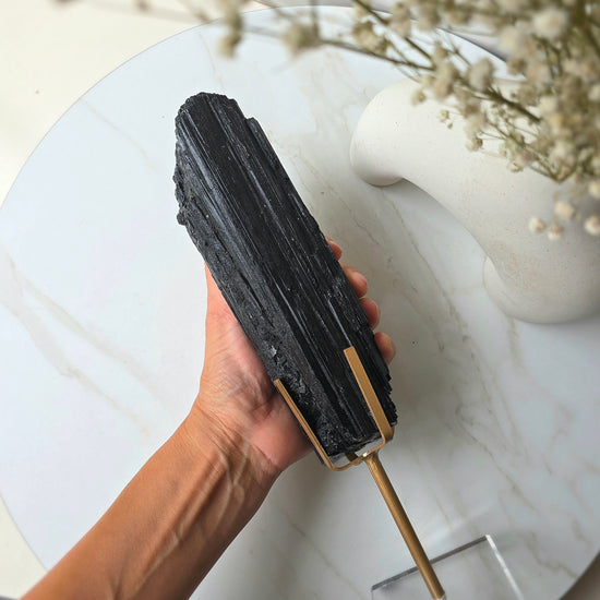 Black Tourmaline Crystal Rough Chunk AAA High Quality in Stand - Crystals and Me | Crystal Candles and Ethically Sourced Crystals