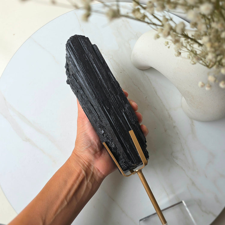 Black Tourmaline Crystal Rough Chunk AAA High Quality in Stand - Crystals and Me | Crystal Candles and Ethically Sourced Crystals