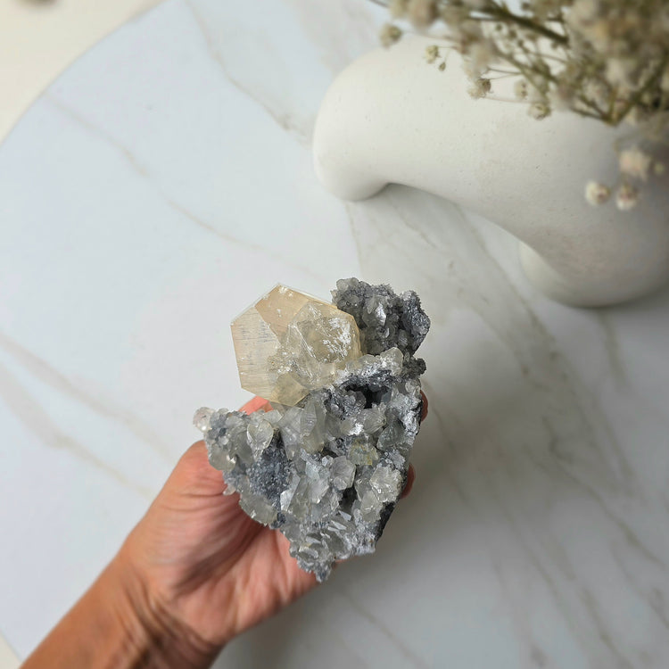 Fujian Calcite Crystal on Black Chalcedony China Collectors Piece