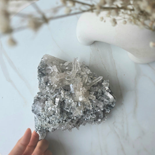 Clear Quartz Crystal Cluster on Matrix with Black Tourmaline Inclusions - Crystals and Me | Crystal Candles and Ethically Sourced Crystals