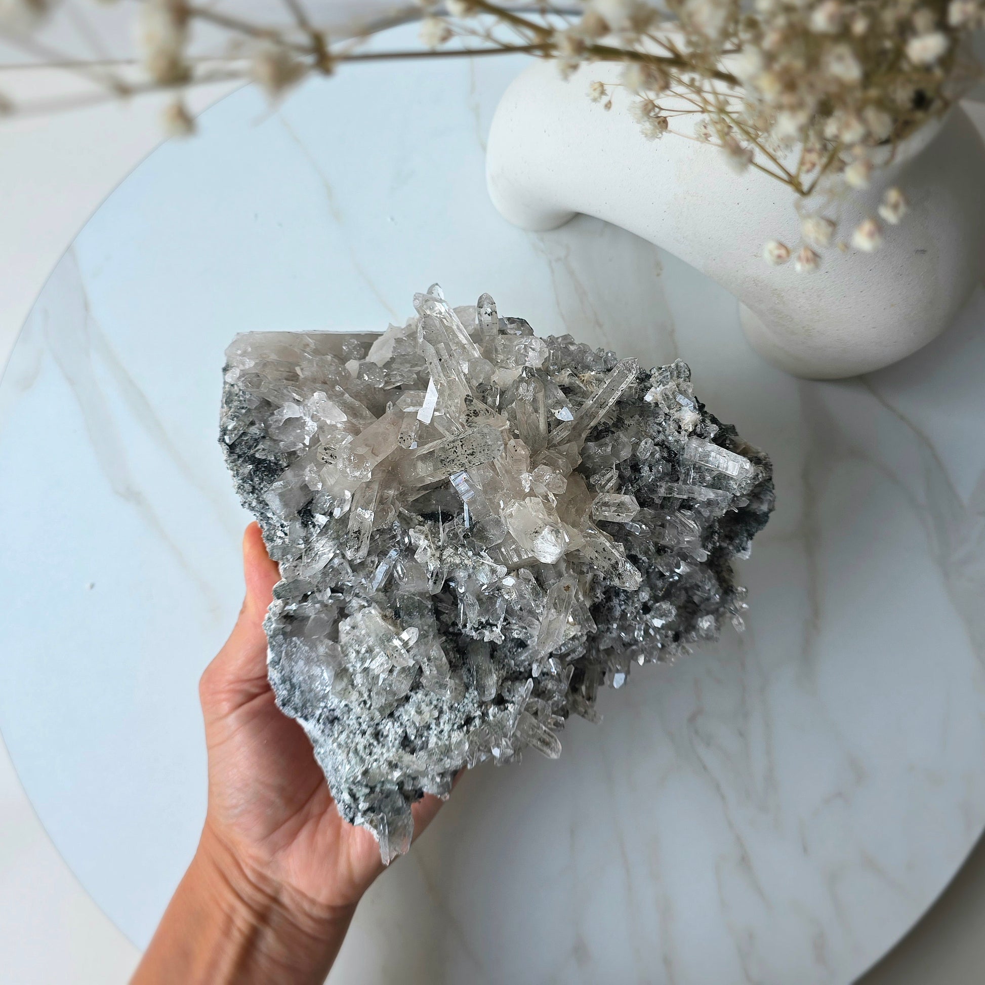 Clear Quartz Crystal Cluster on Matrix with Black Tourmaline Inclusions - Crystals and Me | Crystal Candles and Ethically Sourced Crystals