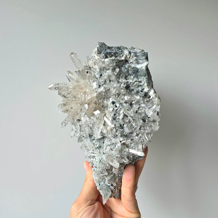 Clear Quartz Crystal Cluster on Matrix with Black Tourmaline Inclusions - Crystals and Me | Crystal Candles and Ethically Sourced Crystals