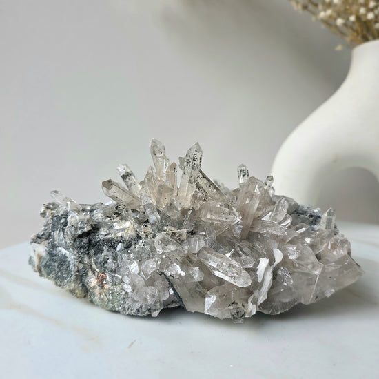 Clear Quartz Crystal Cluster on Matrix with Black Tourmaline Inclusions - Crystals and Me | Crystal Candles and Ethically Sourced Crystals