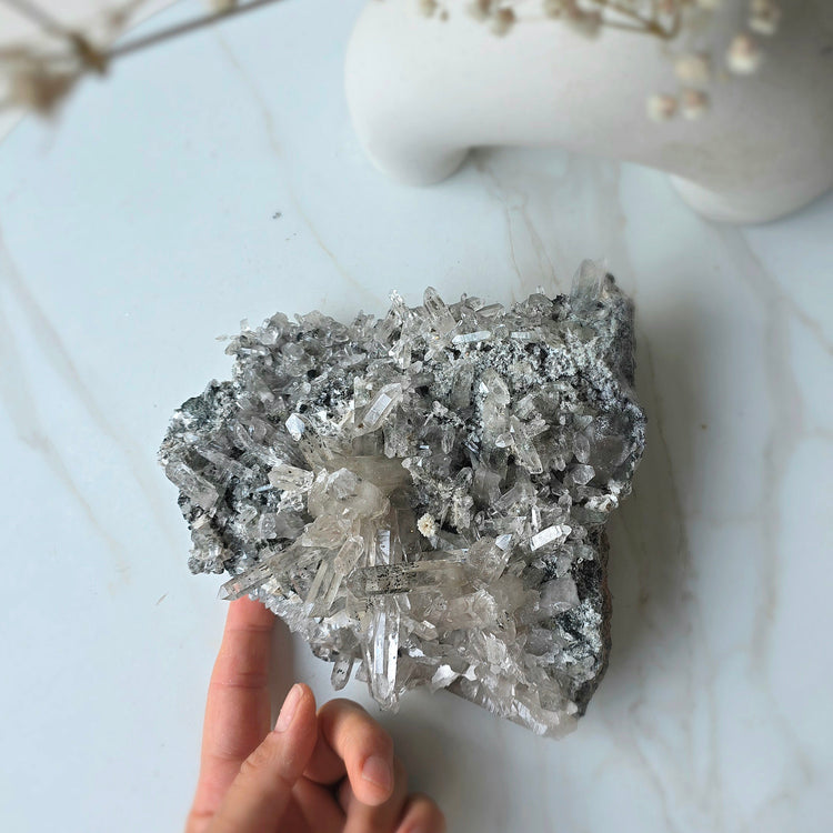 Clear Quartz Crystal Cluster on Matrix with Black Tourmaline Inclusions - Crystals and Me | Crystal Candles and Ethically Sourced Crystals