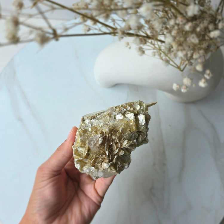 Golden Mica Crystal Cluster High Quality on Stand