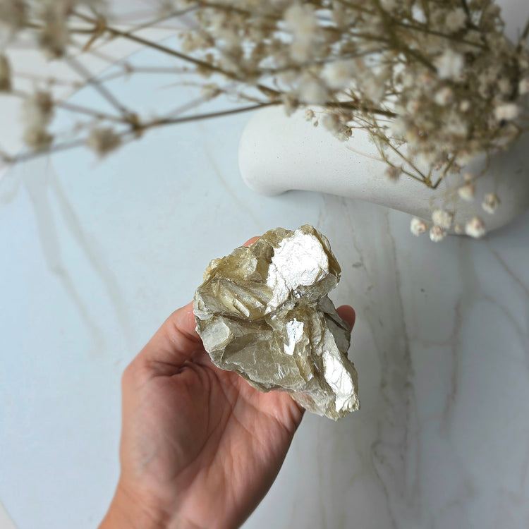 Golden Mica Crystal Cluster High Quality on Stand