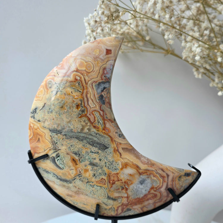 Yellow Crazy Lace Agate Crystal Moon High Quality on Stand - Crystals and Me | Crystal Candles and Ethically Sourced Crystals