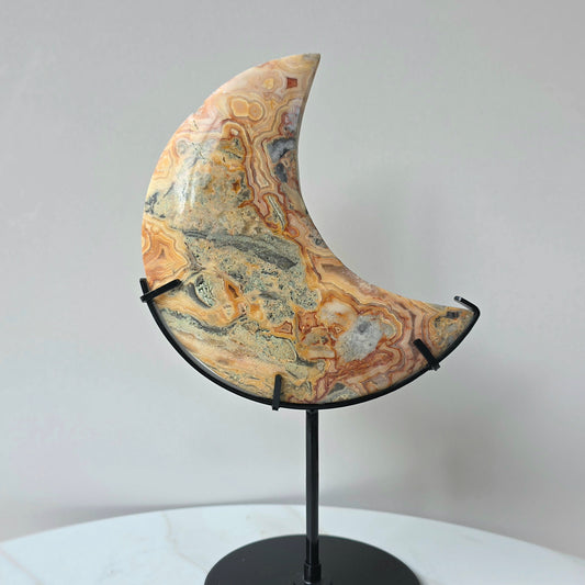 Yellow Crazy Lace Agate Crystal Moon High Quality on Stand - Crystals and Me | Crystal Candles and Ethically Sourced Crystals