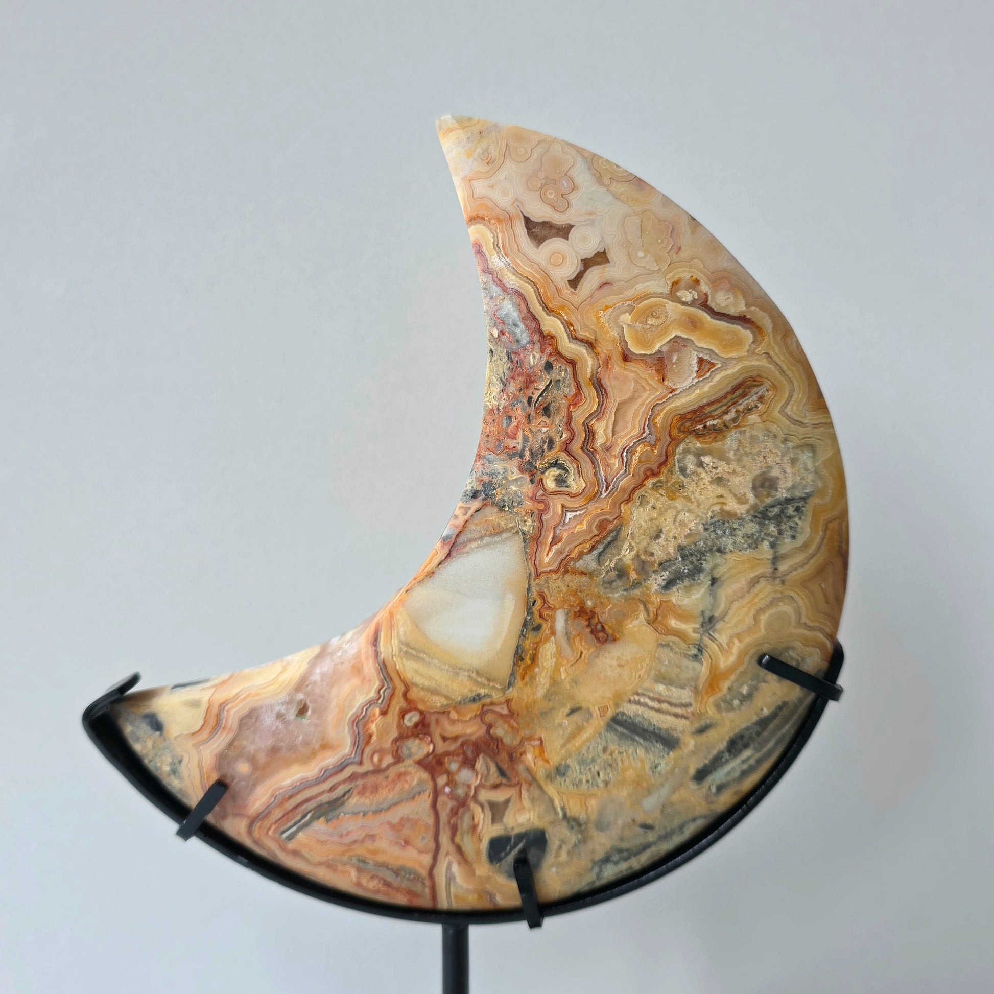 Yellow Crazy Lace Agate Crystal Moon High Quality on Stand - Crystals and Me | Crystal Candles and Ethically Sourced Crystals