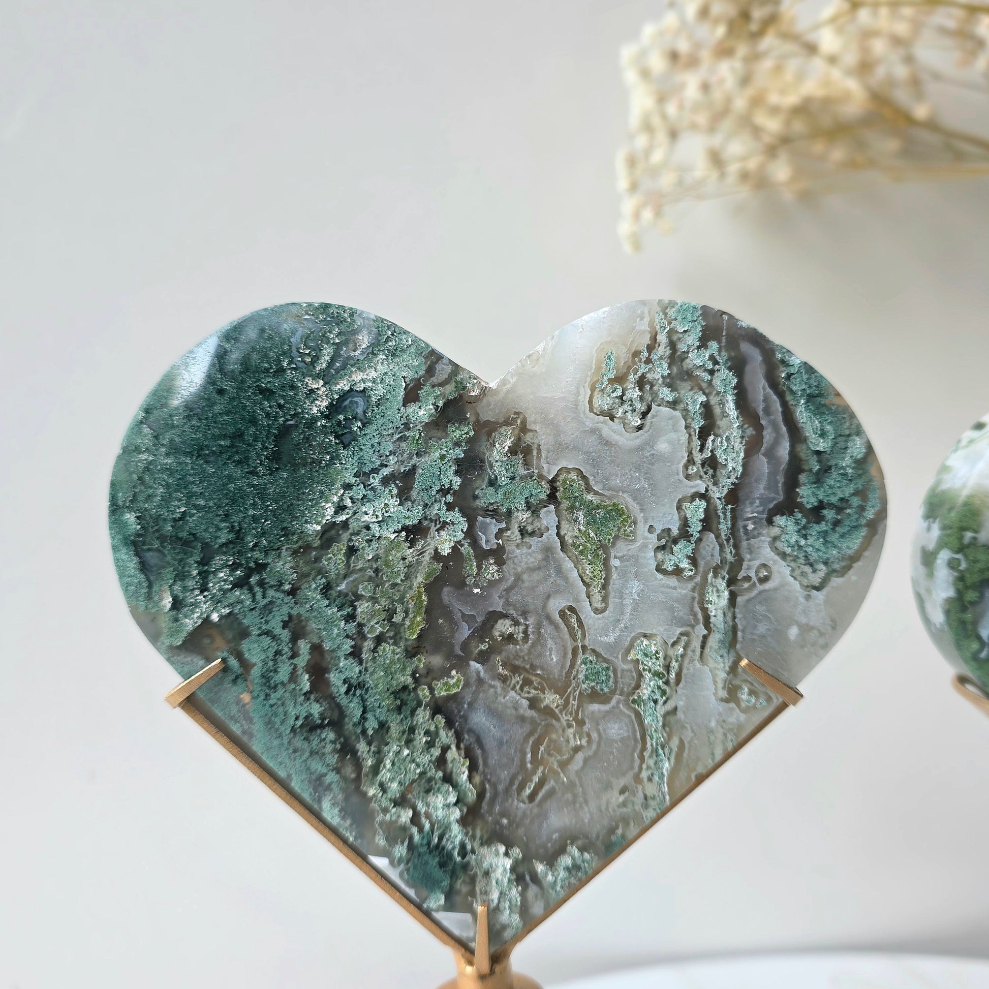 Moss Agate Crystal Heart on Stand High Quality - Crystals and Me | Crystal Candles and Ethically Sourced Crystals