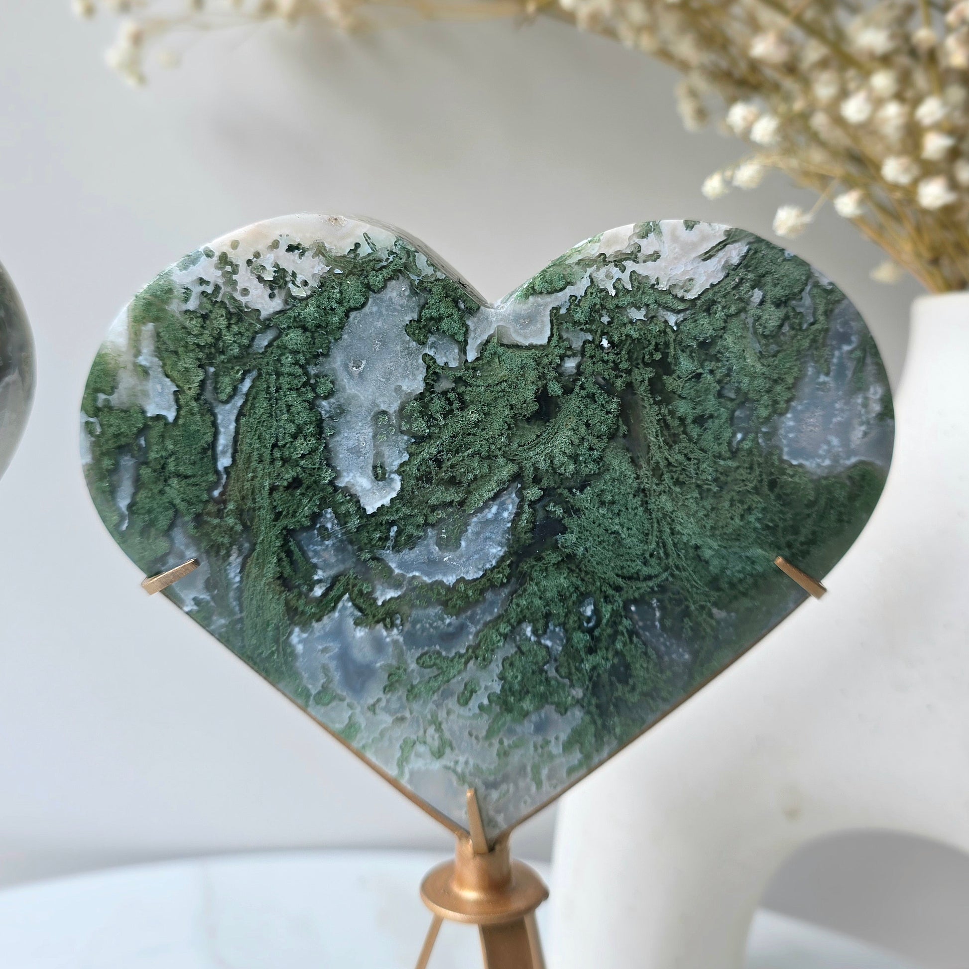 Moss Agate Crystal Heart on Stand High Quality - Crystals and Me | Crystal Candles and Ethically Sourced Crystals