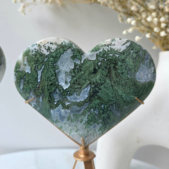 Moss Agate Crystal Heart on Stand High Quality - Crystals and Me | Crystal Candles and Ethically Sourced Crystals