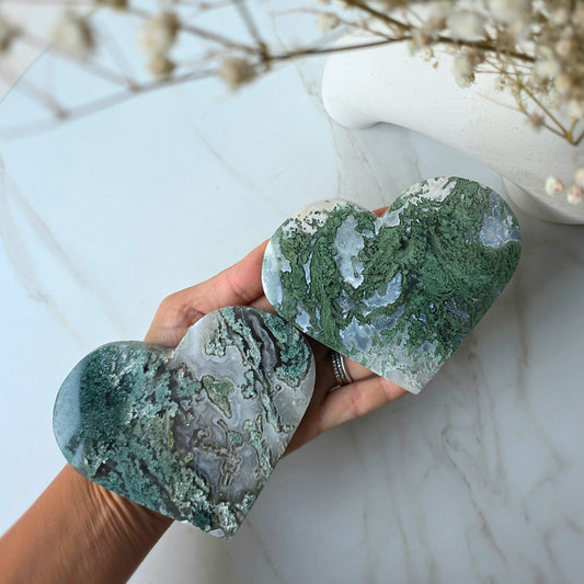 Moss Agate Crystal Heart on Stand High Quality - Crystals and Me | Crystal Candles and Ethically Sourced Crystals