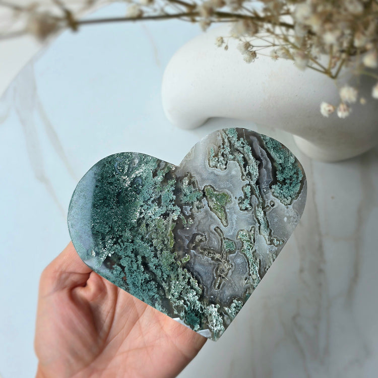 Moss Agate Crystal Heart on Stand High Quality - Crystals and Me | Crystal Candles and Ethically Sourced Crystals