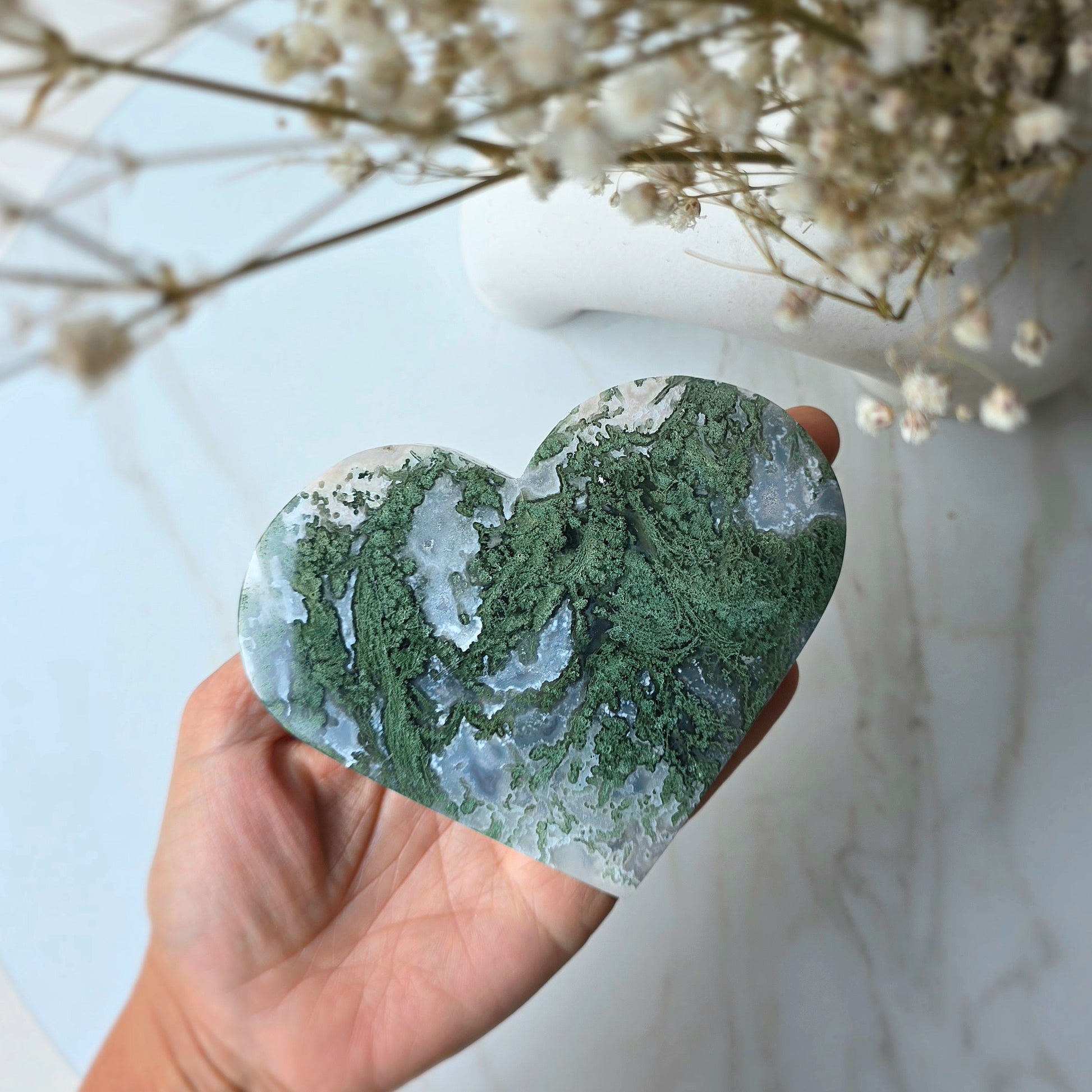 Moss Agate Crystal Heart on Stand High Quality - Crystals and Me | Crystal Candles and Ethically Sourced Crystals