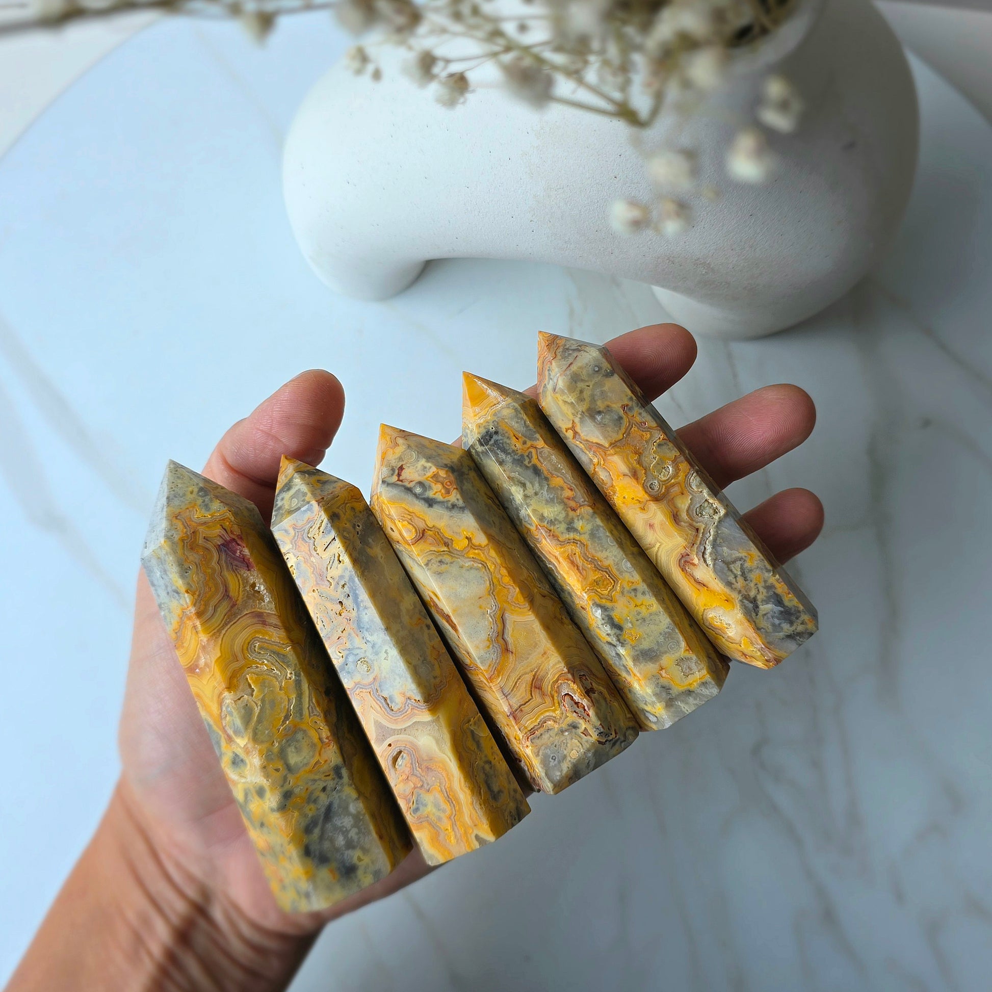 Yellow Crazy Lace Agate Crystal Point Tower High Quality - Crystals and Me | Crystal Candles and Ethically Sourced Crystals