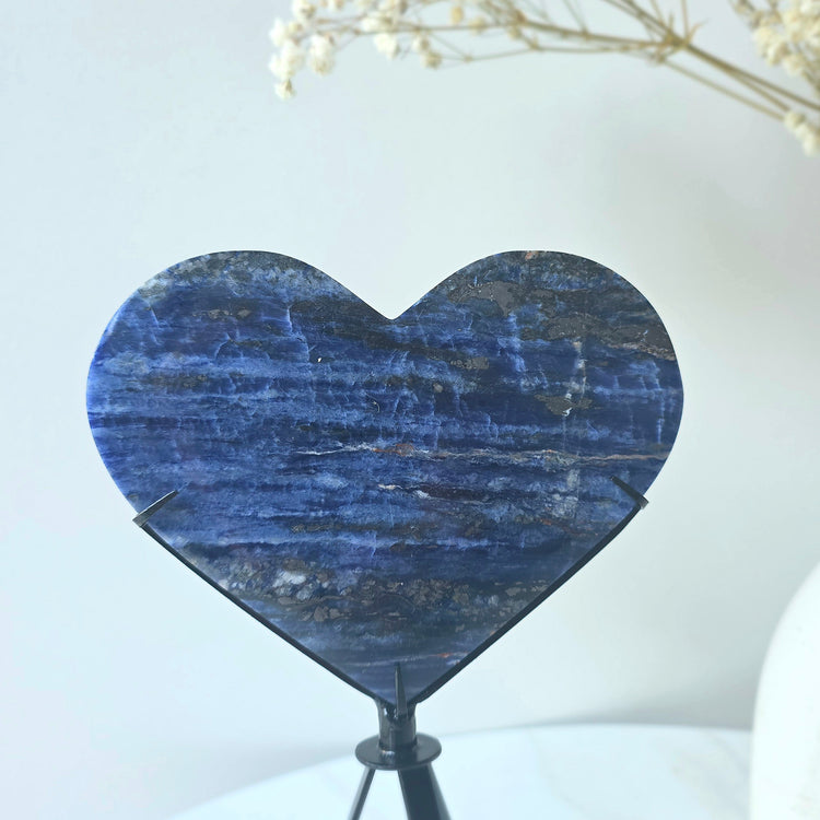 Sodalite Crystal Heart with Hemetite Inclusion on Stand High Quality Brazil - Crystals and Me | Crystal Candles and Ethically Sourced Crystals