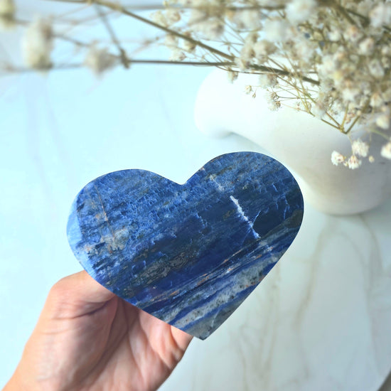 Sodalite Crystal Heart with Hemetite Inclusion on Stand High Quality Brazil - Crystals and Me | Crystal Candles and Ethically Sourced Crystals
