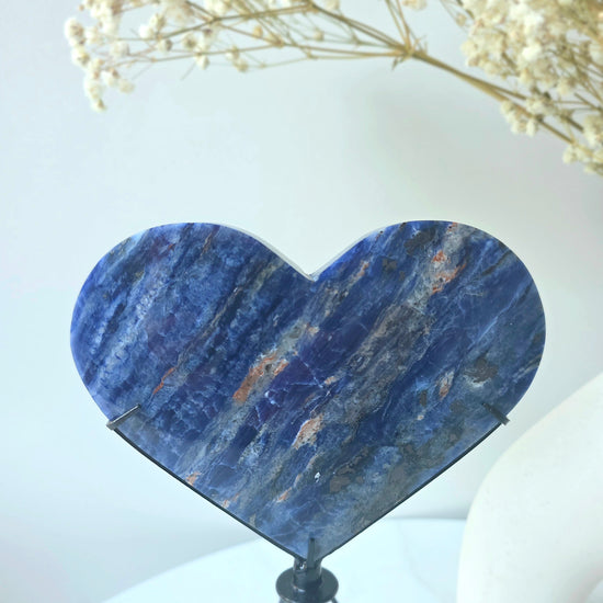 Sodalite Crystal Heart with Hemetite Inclusion on Stand High Quality Brazil - Crystals and Me | Crystal Candles and Ethically Sourced Crystals