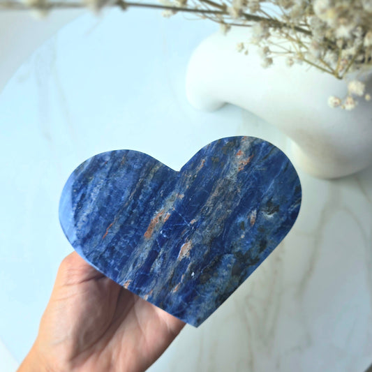 Sodalite Crystal Heart with Hemetite Inclusion on Stand High Quality Brazil - Crystals and Me | Crystal Candles and Ethically Sourced Crystals