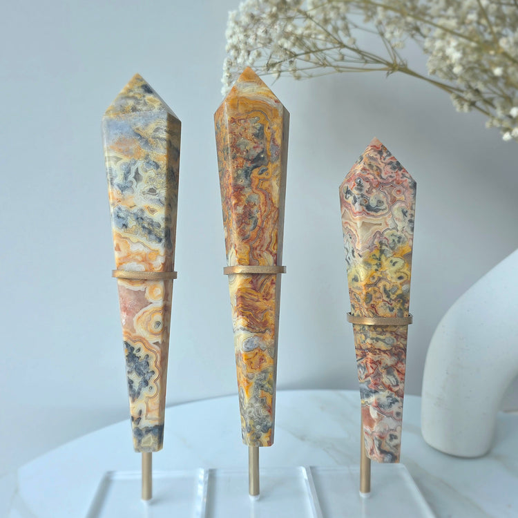 Yellow Crazy Lace Agate Crystal Point Wand in Stand High Quality - Crystals and Me | Crystal Candles and Ethically Sourced Crystals