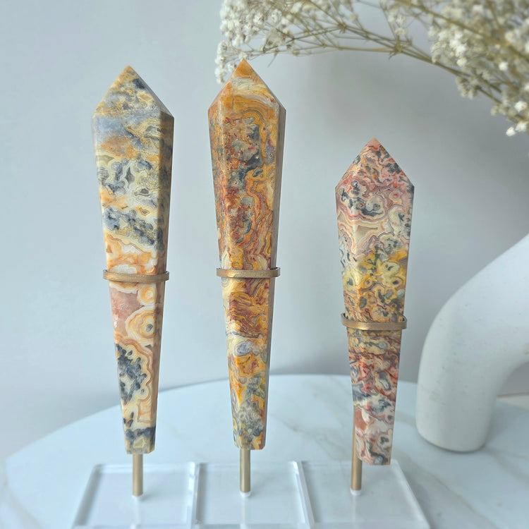 Yellow Crazy Lace Agate Crystal Point Wand in Stand High Quality - Crystals and Me | Crystal Candles and Ethically Sourced Crystals