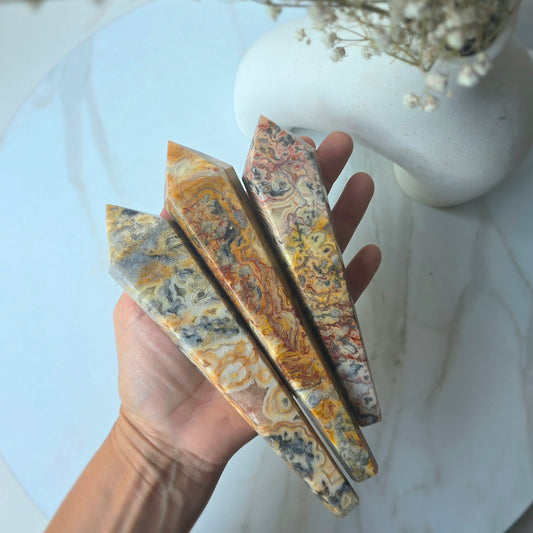 Yellow Crazy Lace Agate Crystal Point Wand in Stand High Quality - Crystals and Me | Crystal Candles and Ethically Sourced Crystals