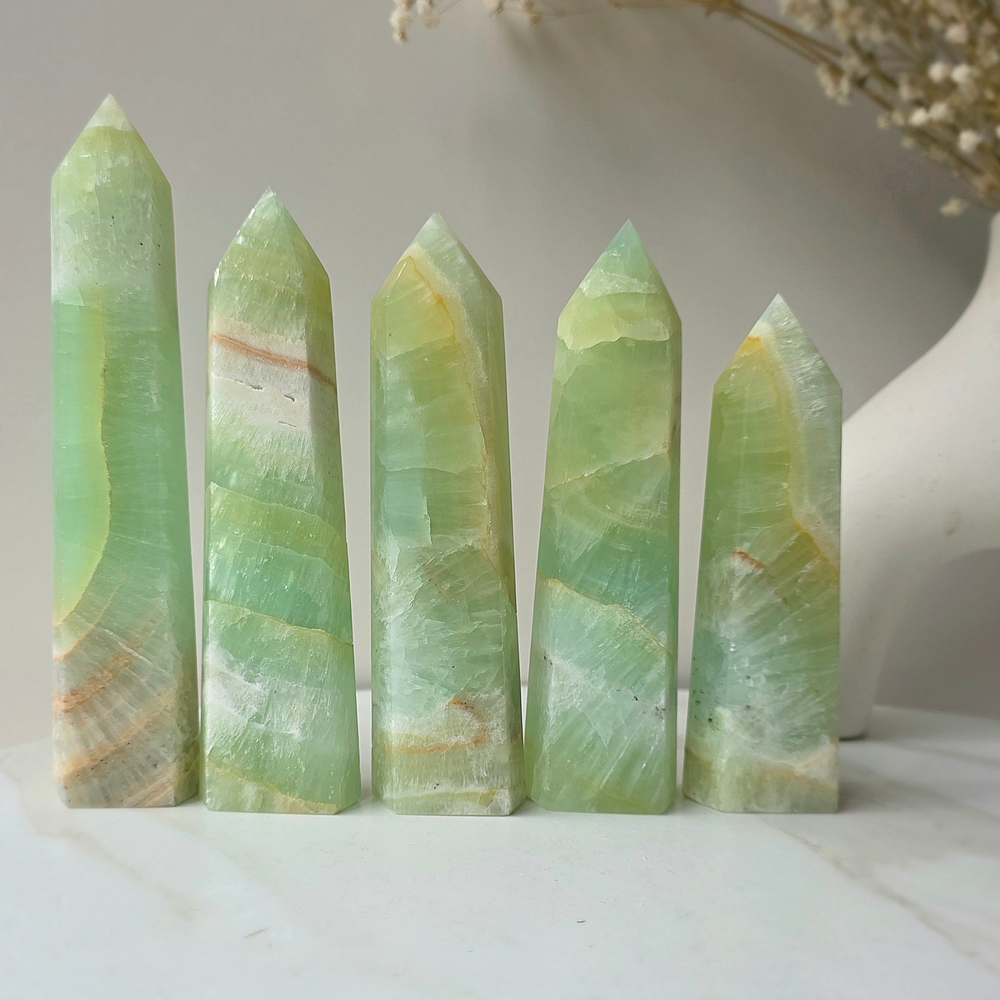 Pistachio Calcite Crystal Point Tower Obelisk High Quality - Crystals and Me | Crystal Candles and Ethically Sourced Crystals