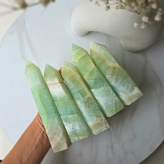 Pistachio Calcite Crystal Point Tower Obelisk High Quality - Crystals and Me | Crystal Candles and Ethically Sourced Crystals