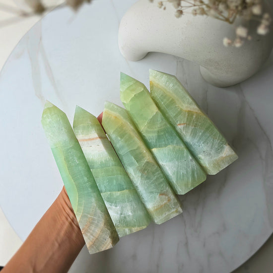 Pistachio Calcite Crystal Point Tower Obelisk High Quality - Crystals and Me | Crystal Candles and Ethically Sourced Crystals