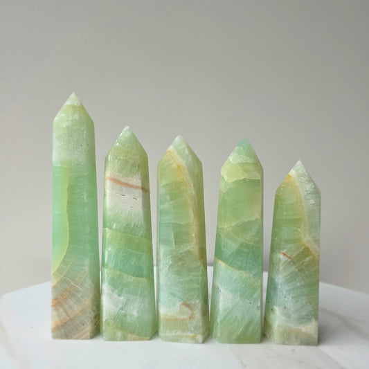 Pistachio Calcite Crystal Point Tower Obelisk High Quality - Crystals and Me | Crystal Candles and Ethically Sourced Crystals