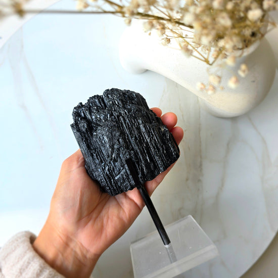 Black Tourmaline Crystal Rough Chunk AAA High Quality in Stand - Crystals and Me | Crystal Candles and Ethically Sourced Crystals