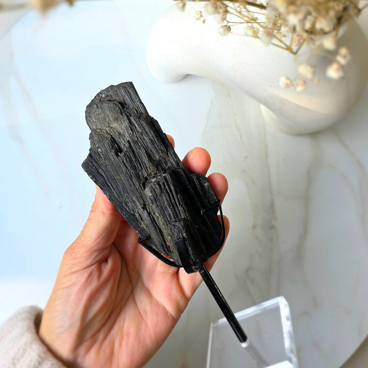 Black Tourmaline Crystal Rough Chunk AAA High Quality in Stand