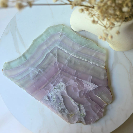 Rare Lavender Fluorite Crystal Yttrium Fluorite Crystal Slab Slice High Quality on Stand Mexico - Crystals and Me | Crystal Candles and Ethically Sourced Crystals