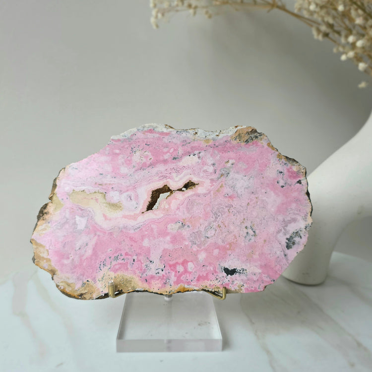Rhodonite Crystal Slab Slice on Stand High Quality Peruvian