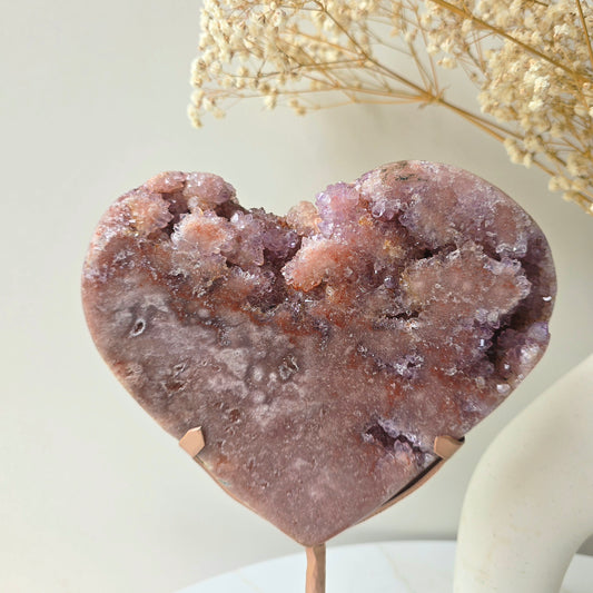 Pink Amethyst Crystal Heart with Cluster and Druze on Stand High Quality Brazil XL