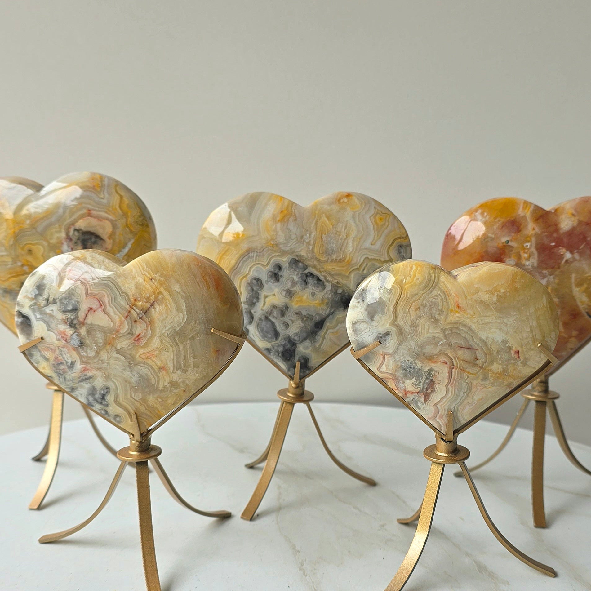 Yellow Crazy Lace Agate Crystal Heart on Stand Mexico High Quality - Crystals and Me | Crystal Candles and Ethically Sourced Crystals