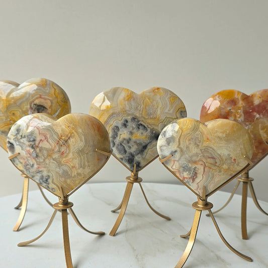 Yellow Crazy Lace Agate Crystal Heart on Stand Mexico High Quality