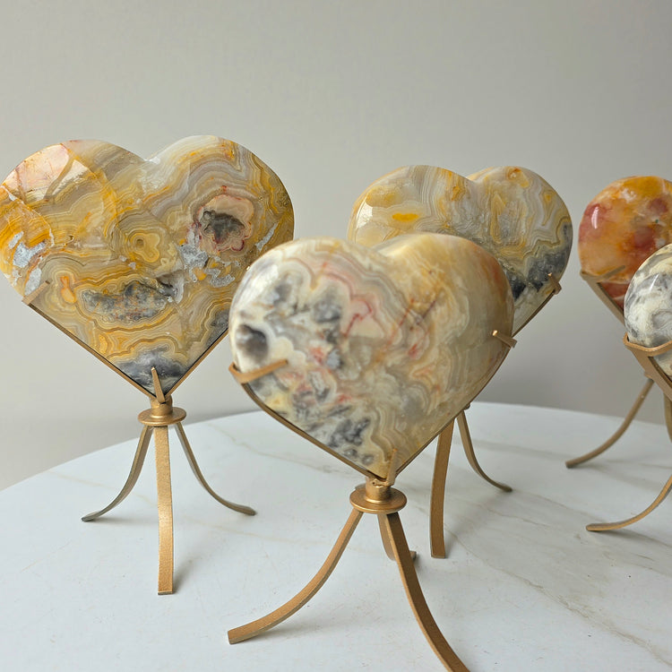 Yellow Crazy Lace Agate Crystal Heart on Stand Mexico High Quality - Crystals and Me | Crystal Candles and Ethically Sourced Crystals