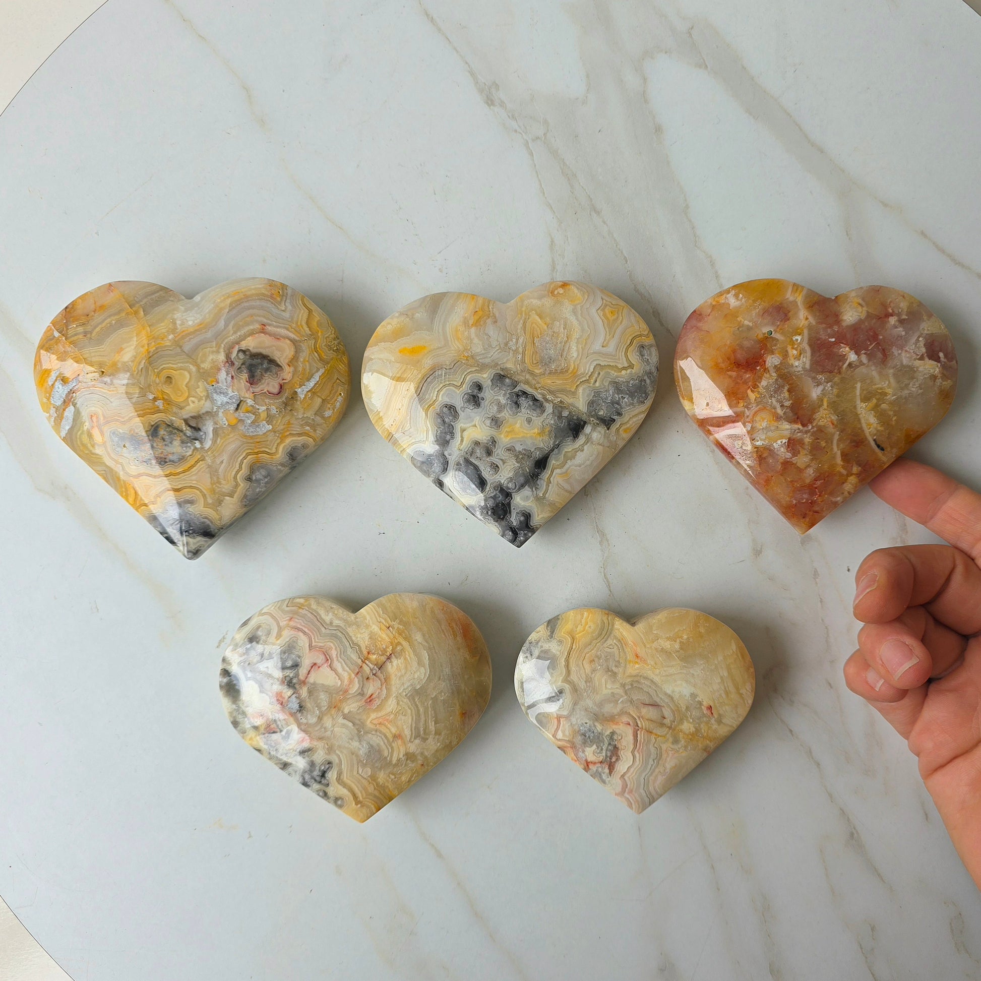 Yellow Crazy Lace Agate Crystal Heart on Stand Mexico High Quality - Crystals and Me | Crystal Candles and Ethically Sourced Crystals