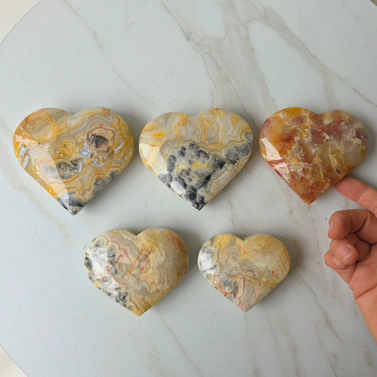 Yellow Crazy Lace Agate Crystal Heart on Stand Mexico High Quality - Crystals and Me | Crystal Candles and Ethically Sourced Crystals