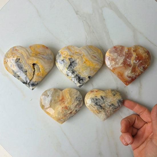 Yellow Crazy Lace Agate Crystal Heart on Stand Mexico High Quality - Crystals and Me | Crystal Candles and Ethically Sourced Crystals