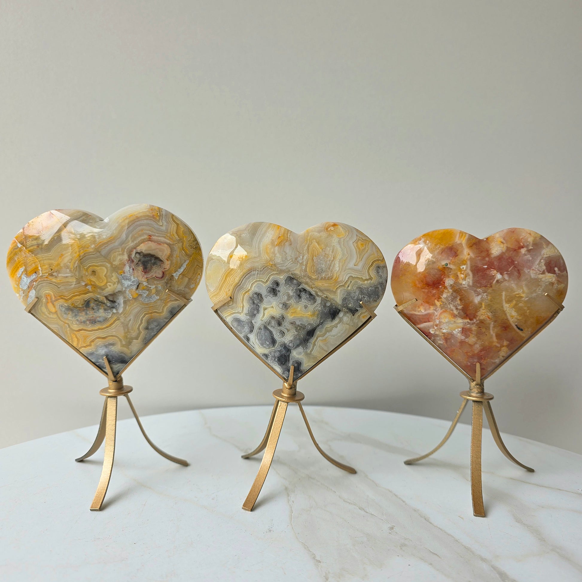 Yellow Crazy Lace Agate Crystal Heart on Stand Mexico High Quality - Crystals and Me | Crystal Candles and Ethically Sourced Crystals