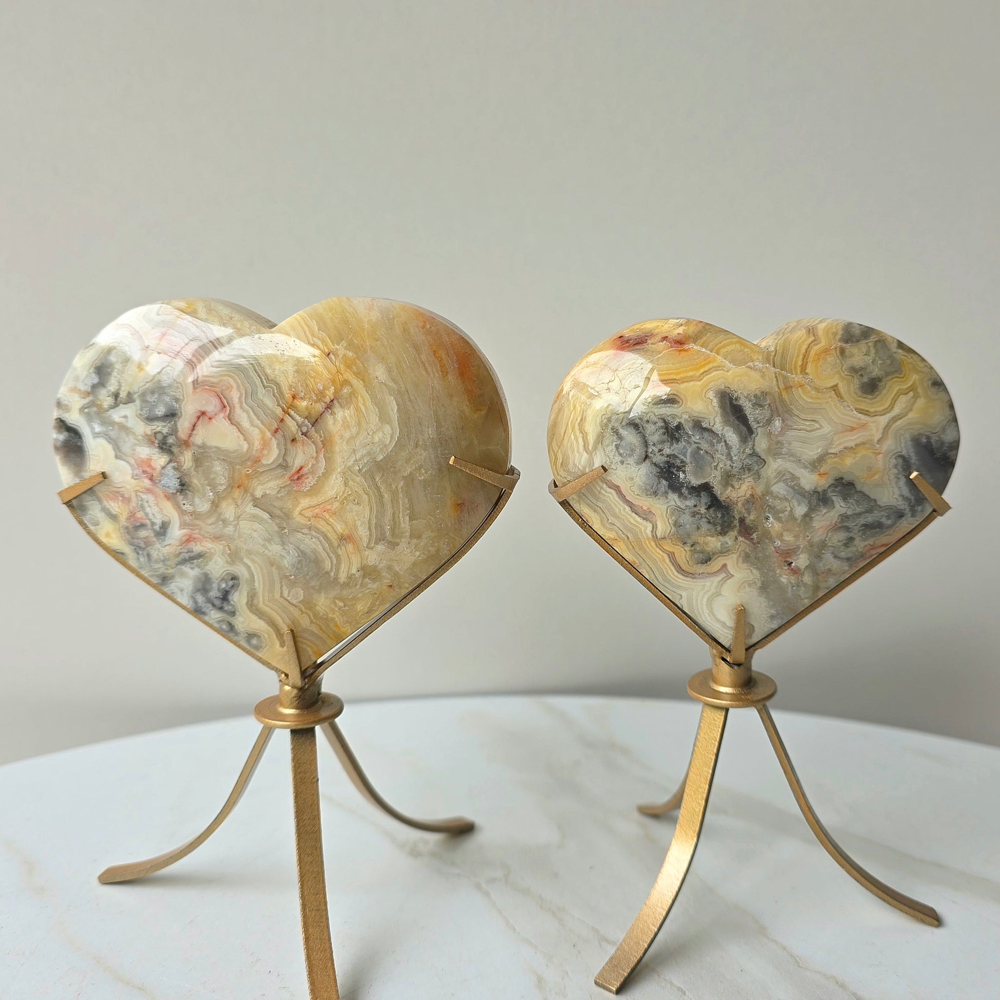 Yellow Crazy Lace Agate Crystal Heart on Stand Mexico High Quality - Crystals and Me | Crystal Candles and Ethically Sourced Crystals