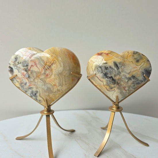 Yellow Crazy Lace Agate Crystal Heart on Stand Mexico High Quality - Crystals and Me | Crystal Candles and Ethically Sourced Crystals