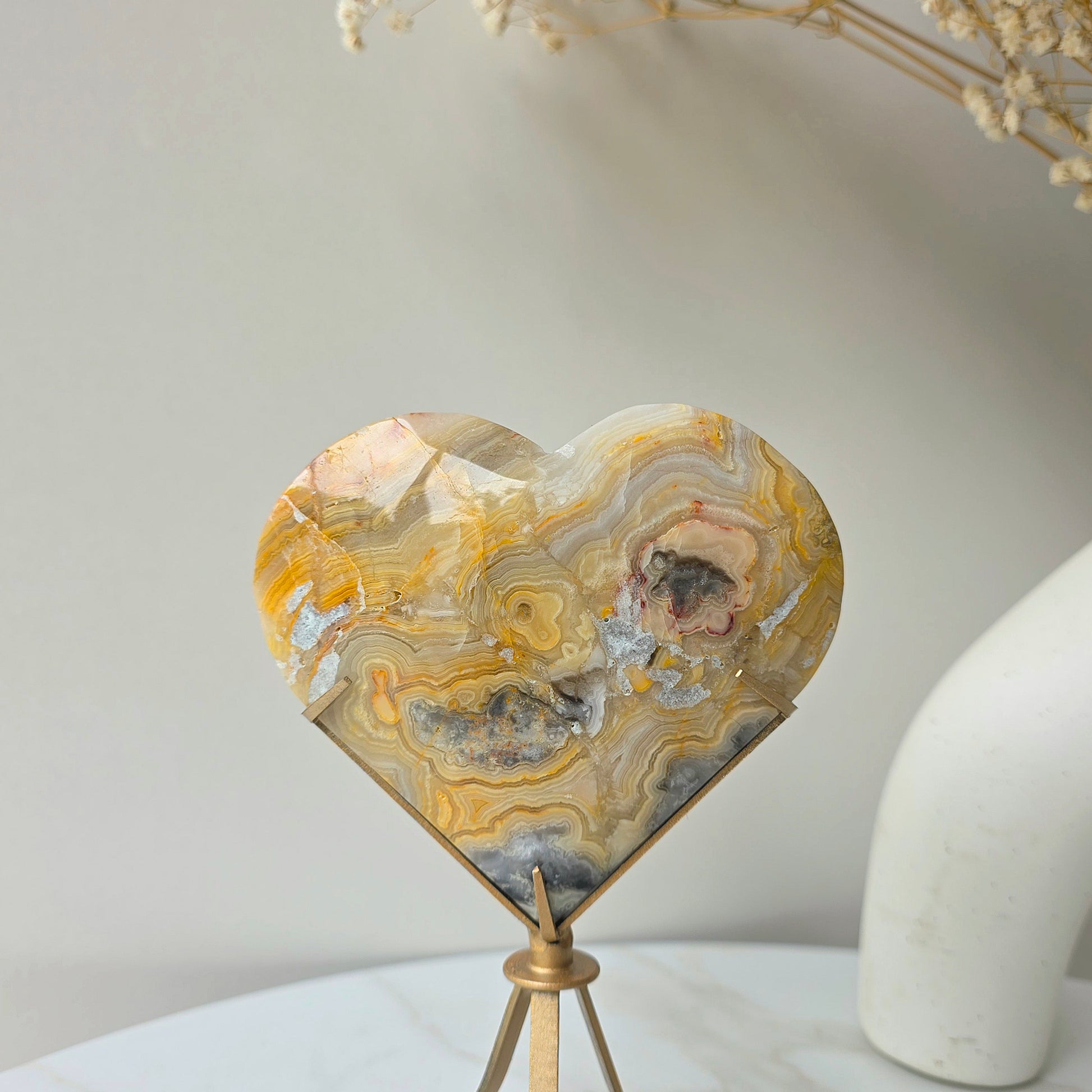 Yellow Crazy Lace Agate Crystal Heart on Stand Mexico High Quality - Crystals and Me | Crystal Candles and Ethically Sourced Crystals